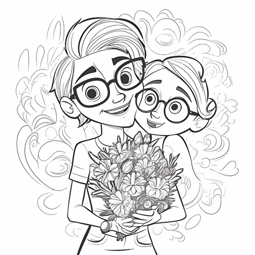 mothers day, pixar style, simple outline and shapes, coloring page black and white comic book flat vector, white background