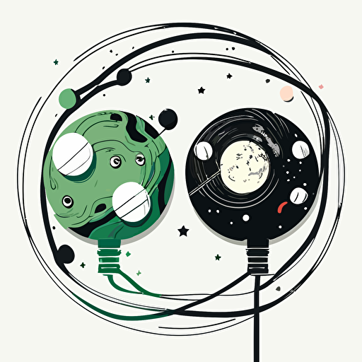 two disconnect plug wire floating around planets on an white background, in the style of light green and dark green, vector illustration, children's book illustration, black and white