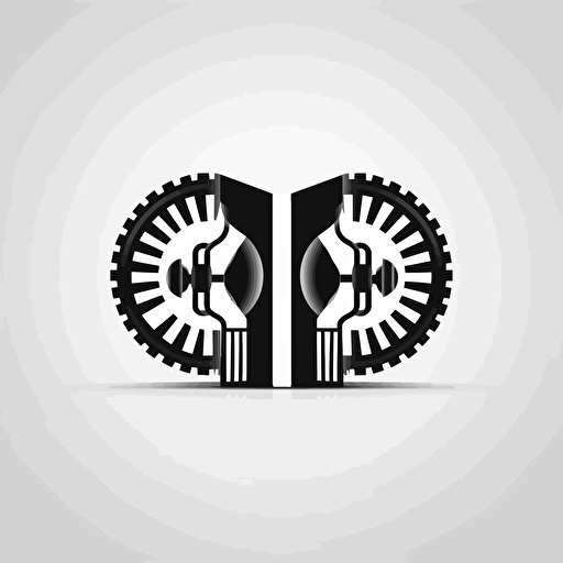 create a logo with a gear in the middle and two gates surrounding it, mirror images of each other, simple, vector, black and white