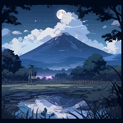 the night in the mountains in japan, full moon, relaxing picture, vector style