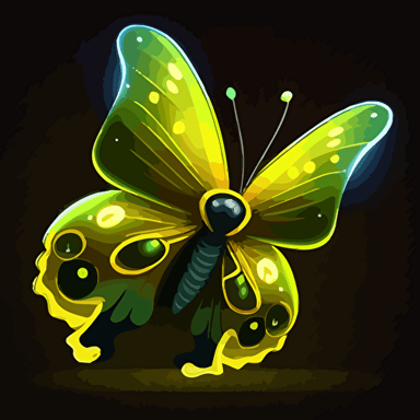 kids cartoon, yellow butterfly, animated, neon yellow, glowing, vector