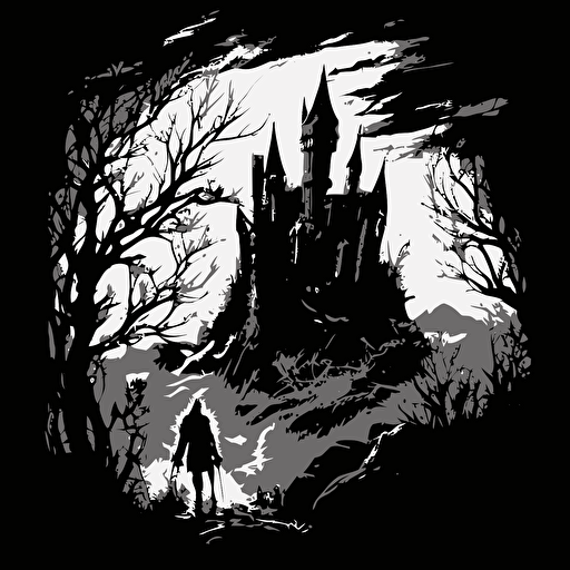 Gustave Dore style, black and white vector illustration of castle black and white painting , horror, goth theme