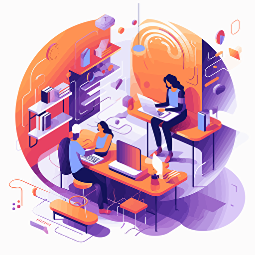flat modern vector image of multiple online tutors, complemenatry colours, bright orange and purple, high resolution, white background, creative visualization, detailed