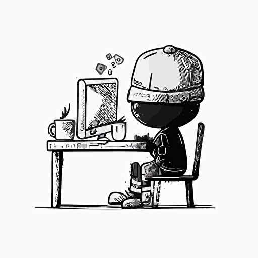 back and white vector, doodle stickman, man in the cap sitting at the computer with coffee