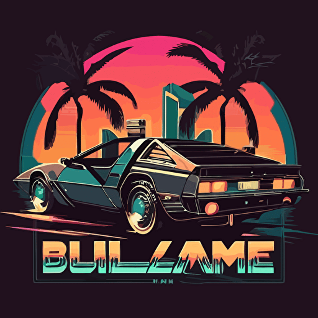 delorean in miami vice style, logo, flat background, vector