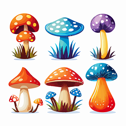 6 different mushrooms. Vector, stickers, simple. White background