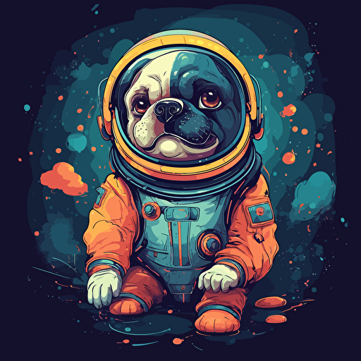 Vector illustration of funny dog with a space suit, floating in space, in vivid colors