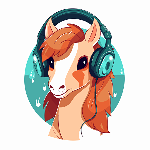 cute happy horse in a headphones, flat simple vector illustration, transparent background