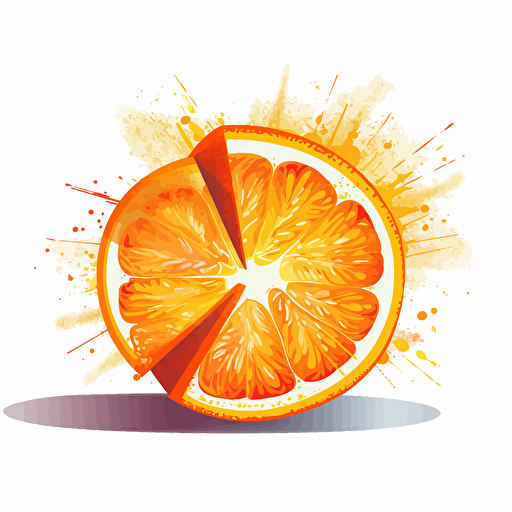 an orange cut in half glowing radioactively + vector drawing + brilliant colors + flat white background