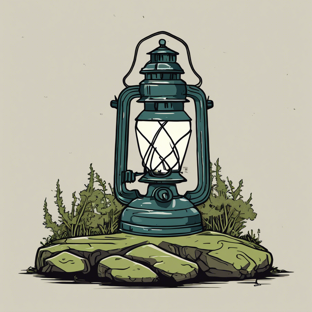 Antique lantern on a mossy rock., illustration in the style of Matt Blease, illustration, flat, simple, vector