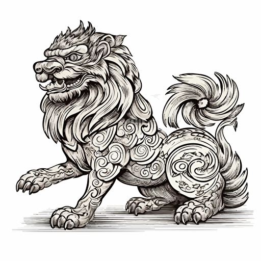 vector of a shisa guardian lion-dog, black line work, no color, side view