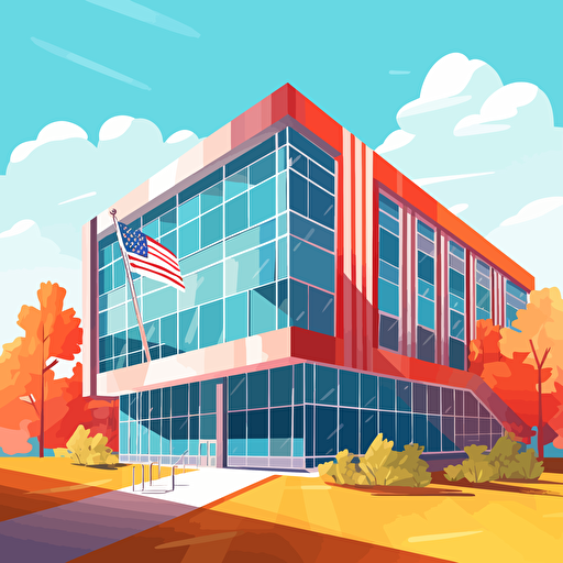 vector art of a futuristic school building with an american flag, the building has lots of large glass window, it's a beautiful sunny day