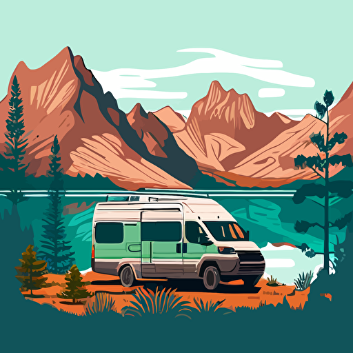 Create a scene at a campground by a lake with 2023 dodge promaster passenger van parked by the lake in the background. vector image. Trees and mountains with natural colors