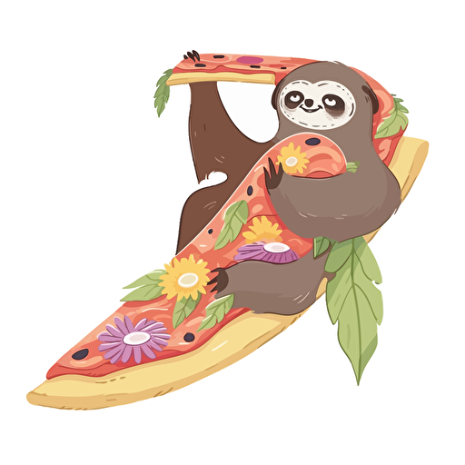 A sloth surfing on a slice of pizza, vector art, illustration, disney style, blank white background
