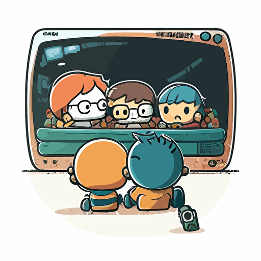 chibi style cartoon vector, group of people sitting on a couch with their backs to the camera, they are watching a television with a ball game on