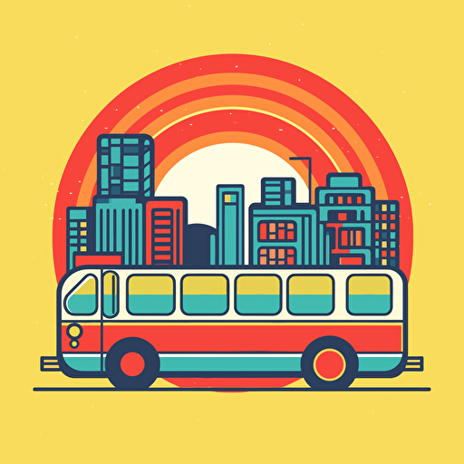 a simple city themed card back design with a tour bus on it. symmetrical design, fun primary colours with a vector art style