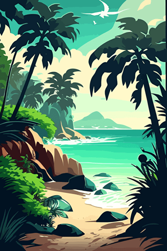 Digital art, tropical beach, landscape, vector illustration, stilized, high spot, hd