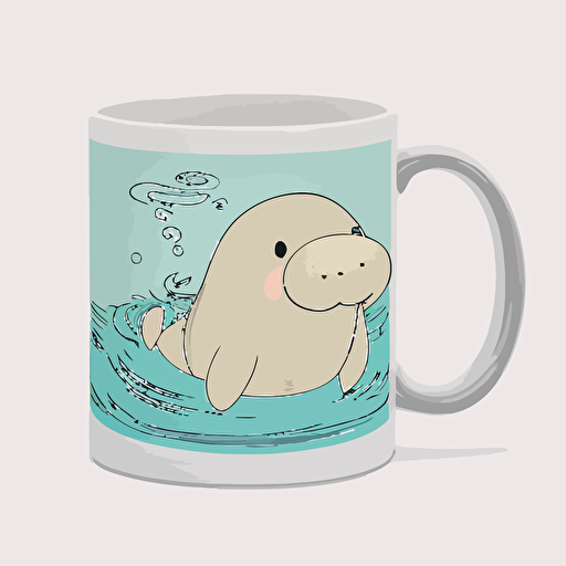 Create the layout proportionate for an 11oz coffee mug, kawaii style cute Manatee swimming in a calm lagoon, cartoon style, vector contour, pastel colors, white background
