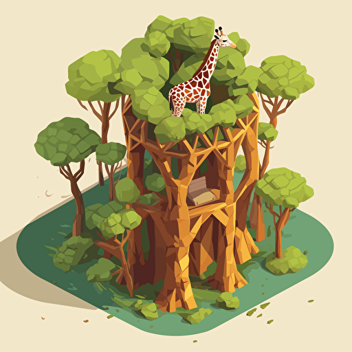 isometric cartoon vector style image of giraffe enclosure, two giraffes, baby giraffe, eating from tree