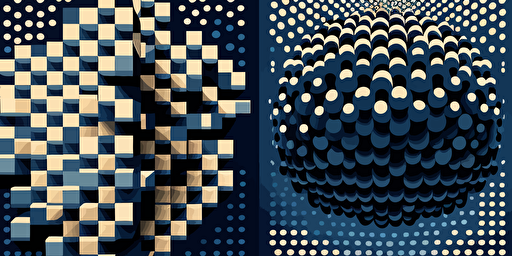 a iconic vector illustration showcasing the transformation from atoms to pixels, using a dark blue color palette and flat vectors. Emulate Victor Vasarely's style by incorporating geometric shapes and patterns, while avoiding the use of shades and gradients. Experiment with various shapes and sizes to create an optical illusion that will capture the viewer's attention.