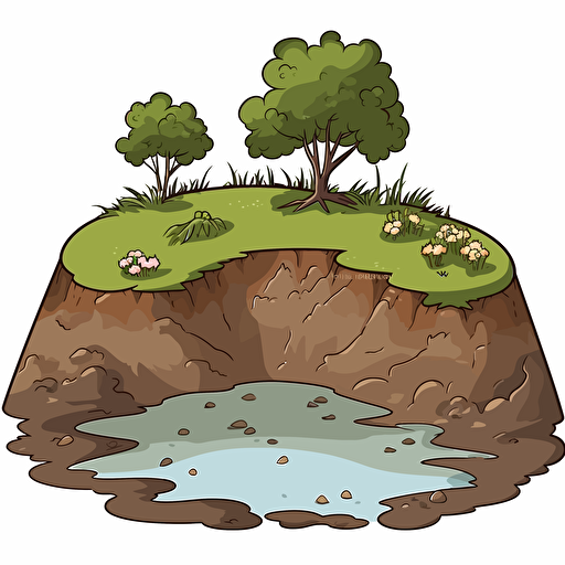 clipart of mound of dirt with pond in front, vector, white background, simple