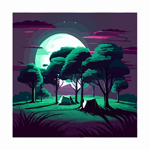 Vector art of a grass field with trees in the background, campground, purple night sky with clouds, waxing gibbous moon, dark green trees, green grass