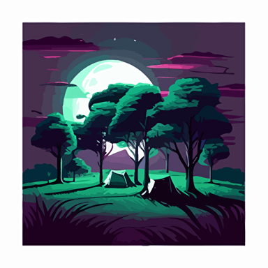 Vector art of a grass field with trees in the background, campground, purple night sky with clouds, waxing gibbous moon, dark green trees, green grass