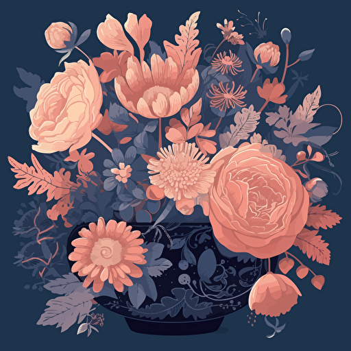 flat colors vector illustration of blush and indigo flower composition. No vase, high in details, high resolution