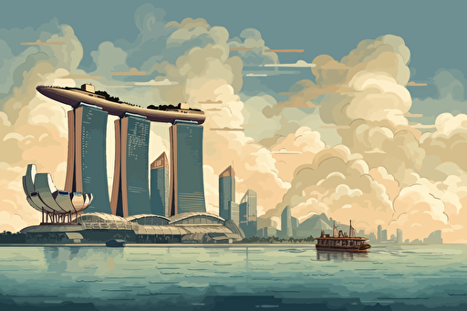 vector art, marina bay sands, singapore, clouds