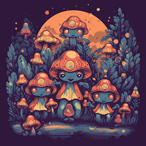 a trippy vector illustration of cute happy trippy mushrooms making a ritual and dancing in the forest