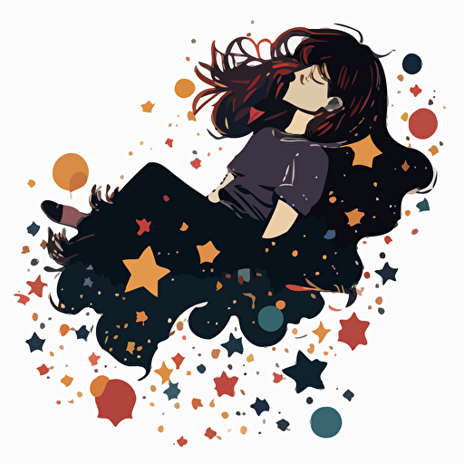 Girl floating in space,stars, Relaxed, Dark colours, ,Anime, Contour, Vector, White background, Detailed