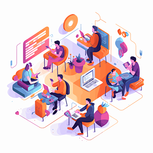 flat modern vector image of multiple online tutors, complemenatry colours, bright orange and purple, high resolution, white background, creative visualization, detailed