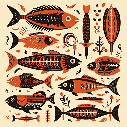 Folk art flash sheet, warm color palette, vector, sixteenth century fish