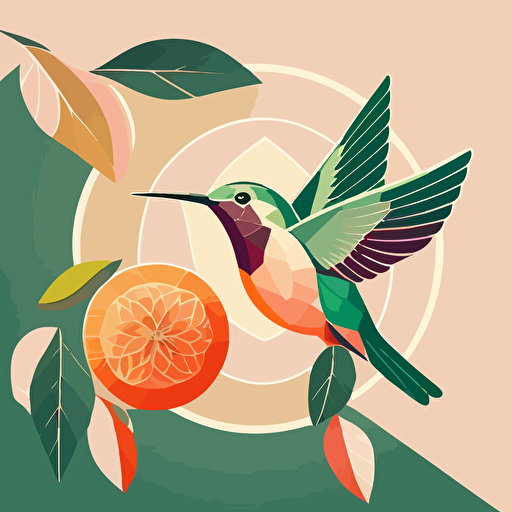 Pop Art Deco Hummingbird, Vector, Logo, minimal, green, pink, orange , floral, fruits