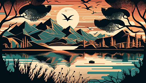 retro lake abstract landscape art, vector, contour