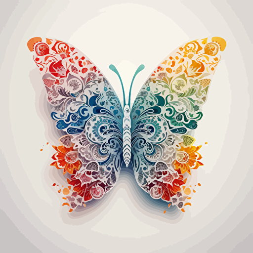rainbow pastel tones butterfly, white background, vector paper cut illustration style, high resolution, high quality, aesthetic, high decorated with flowers, fancy, magnificent