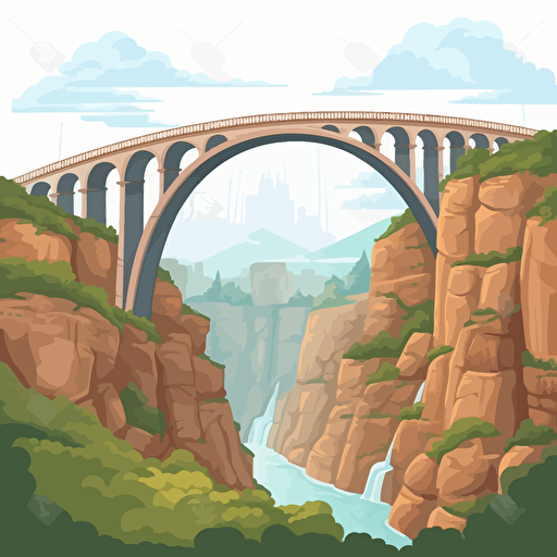 draw cartoon vector style on white background a bridge with high arches over a deep valley without scenery from top right side perspective