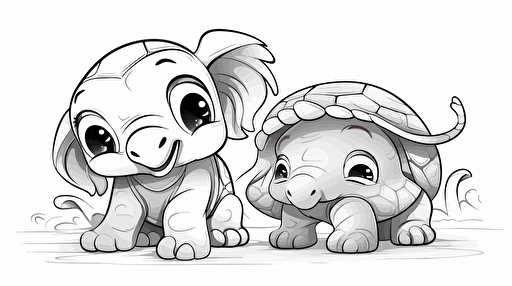 a cute turtle, a cute elephant, disney cartoon style, black and white, coloring page, vector, hd