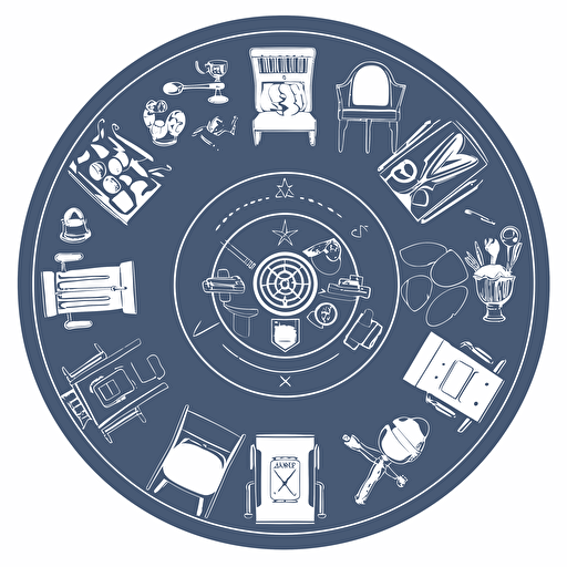 Minimalistic round table engraved with charity and piece signs,logo style,geometric shapes, top view, vector, cartoon style, white background,dark blue and dark gray color mix