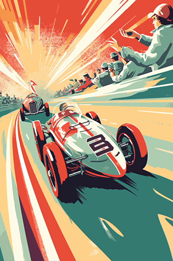 modern poster cartoon style, 1950's racing event, speed, flags, spectators, summer, vector art, light colours,