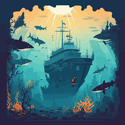 epic underwater scuba diving adventure with multiple divers and a shipwreck with sharks vector image