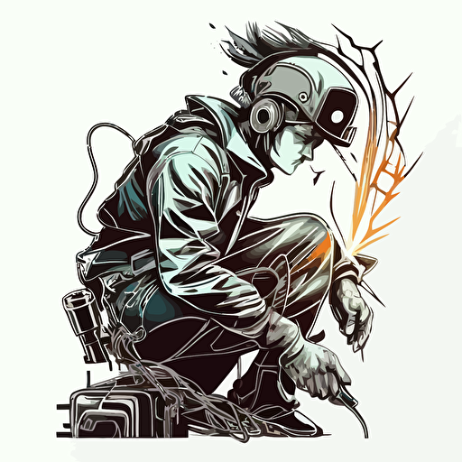 welder , Sticker, Lovely, Secondary Color, mural art style, Contour, Vector, White Background, Detailed