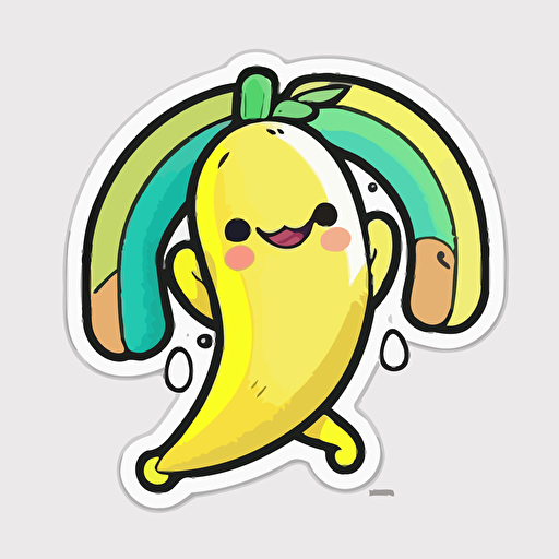 Kawaii Banana, Sticker, Happy, Electric Colors, Cartoon, Contour, Vector, White Background, Detailed