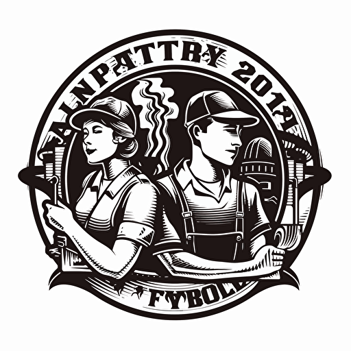 a factory anniversary theme logo, 2D, black and white, including 2 factory workers, some tools, vector tracing
