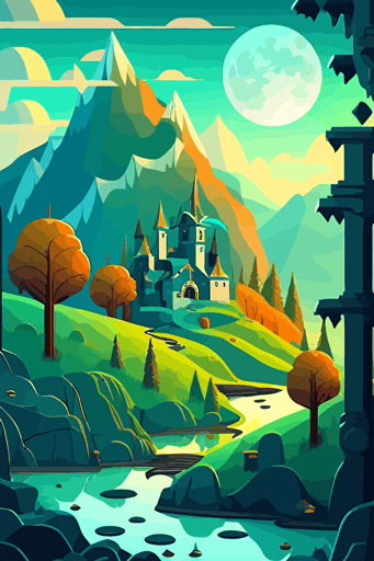 a castle nestled in a lush, green valley surrounded by giant crypto coins. The colors bright and vibrant, a sense of beauty and adventure, vector illustration