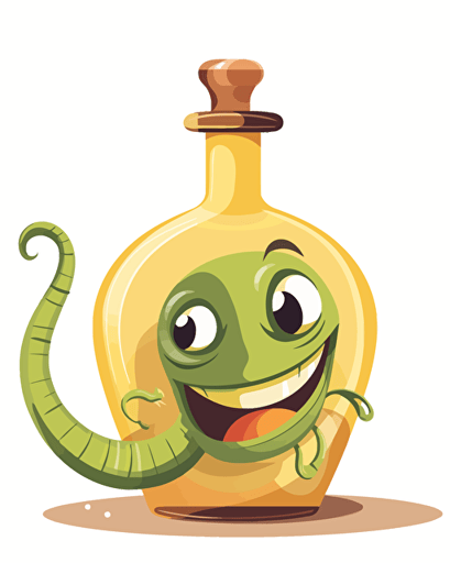 vector illustration bottle of tequila with a smiling worm, no background, cartoon style