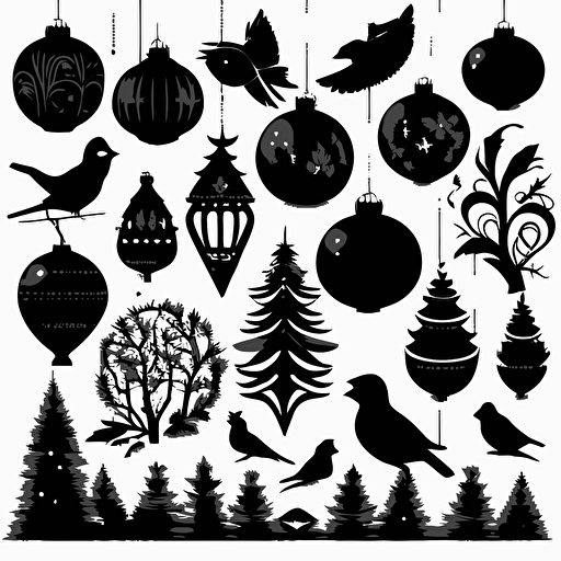 set of vector illustration of black silhouettes of different christmas ornaments, white background