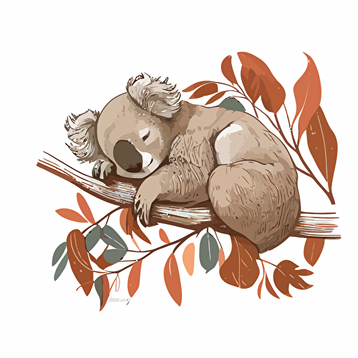 Sleepy koala vector napping on a eucalyptus branch on a white background.