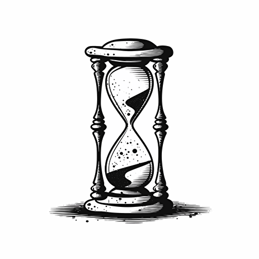 A simple black and white vector image of an hourglass that is running out. There is only a small amount of sand left in the top chamber. The outline of the hourglass and the sand is black on a white background. Output in SVG format