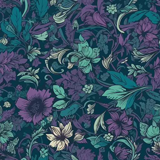green leaves and flowers in the summer; vector seamless background, in the style of petrol and purple, baroque exaggeration, 1970–present, flowerpunk,